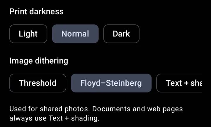 Print darkness, Image dithering and the Performance settings.