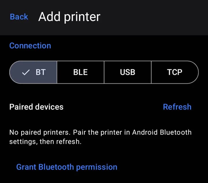 The "BT" tab lists the printers paired with this phone.