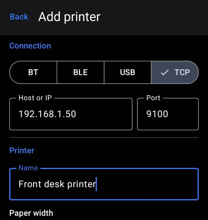 The "TCP" tab with the printer's address and port 9100.