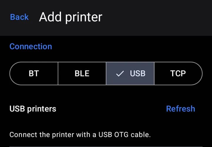 The "USB" tab shows printers plugged into the phone.