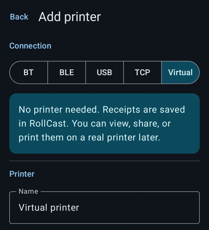 "Add printer" with "Virtual" picked.