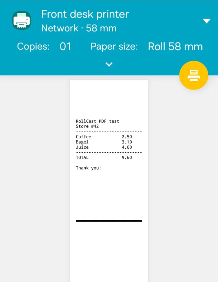 The print screen with a RollCast printer picked at the top.