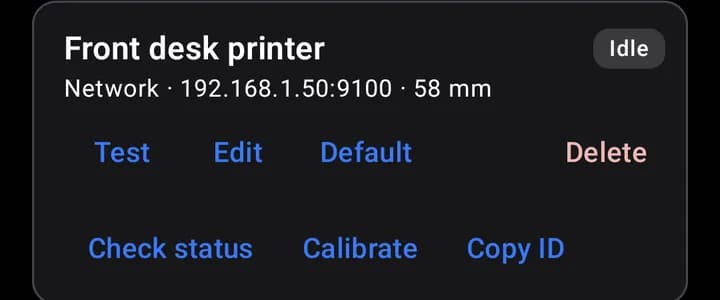 A printer card. "Default" makes it the printer for shared items.
