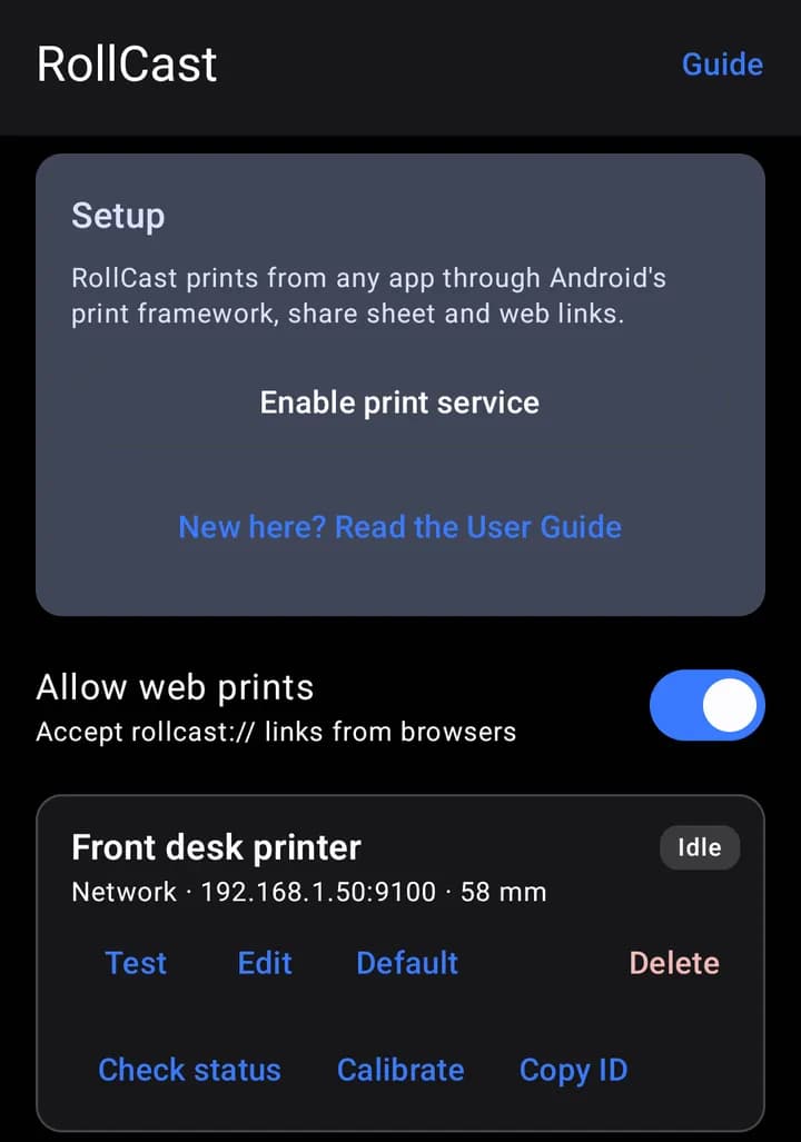 The main screen, with the Setup box and one printer.