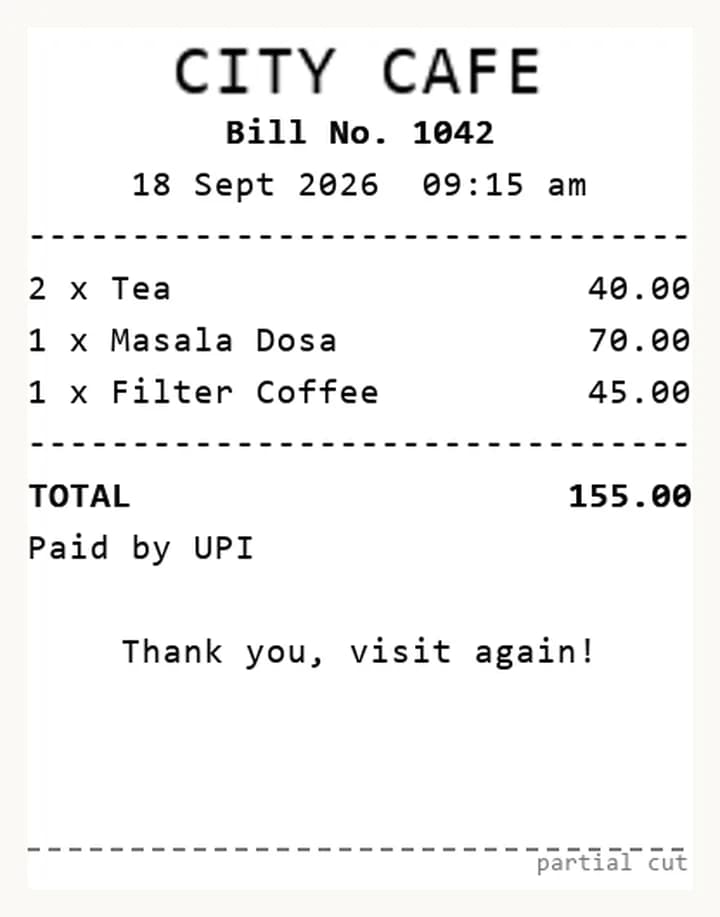 An example receipt. If your print looks this clear, you are ready.