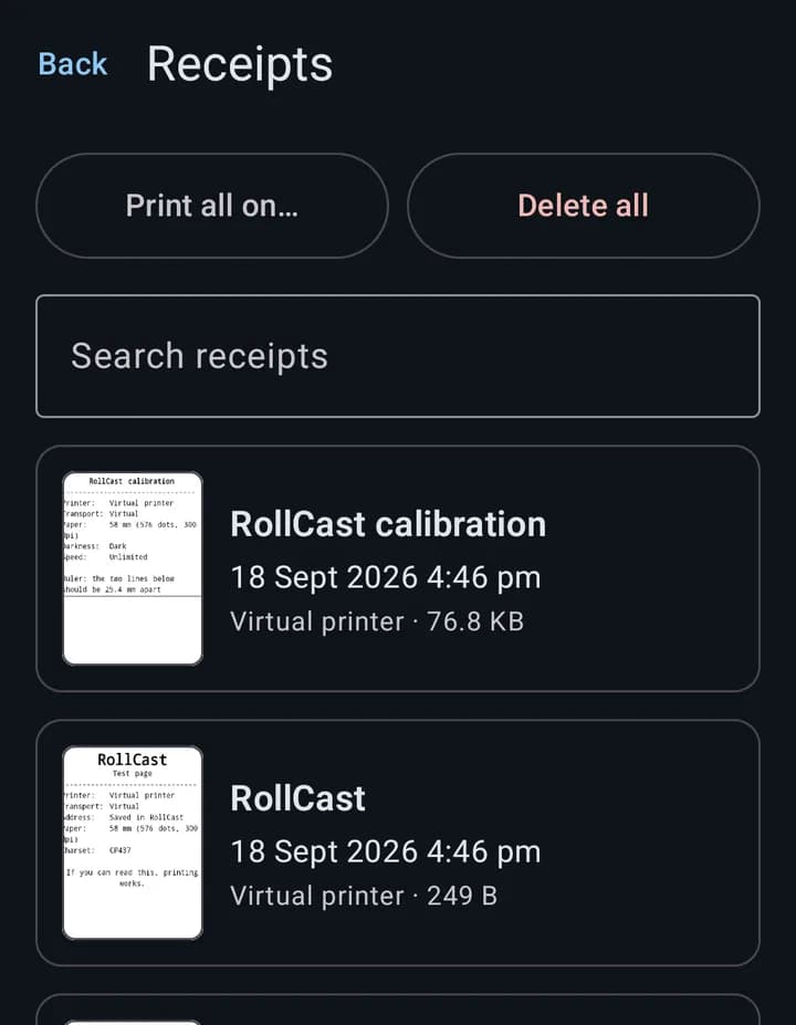 The "Receipts" list with a picture of each receipt.